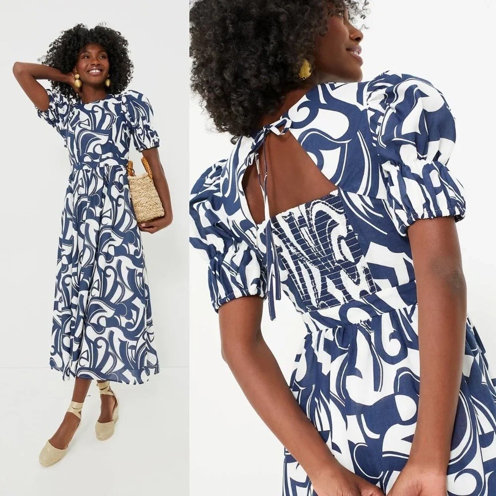 Puff-Sleeve Navy & White Maxi Dress